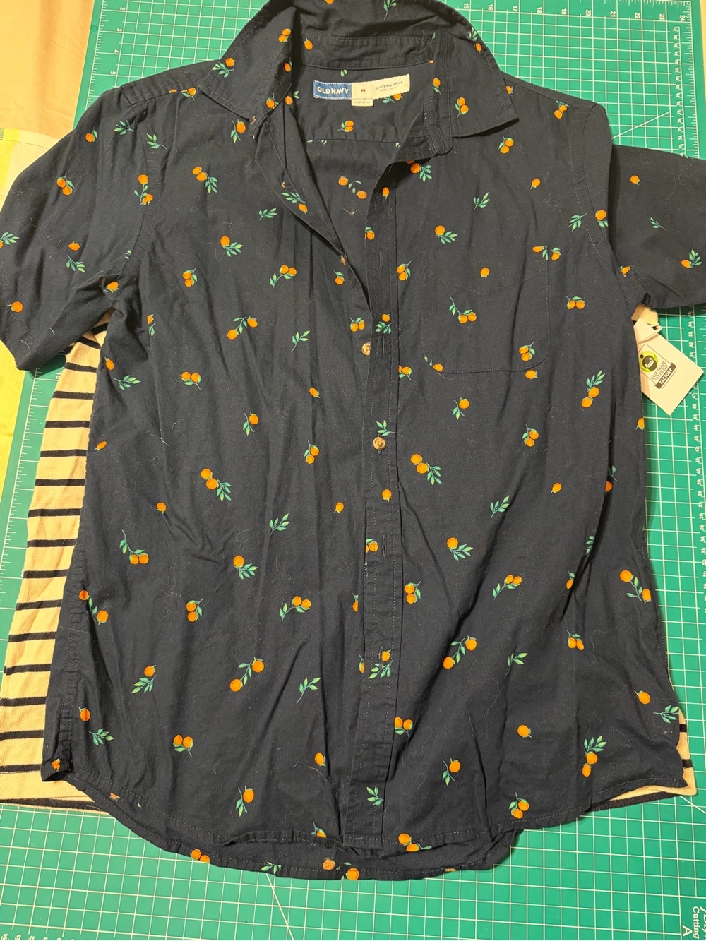 Old Navy Men's Navy Short-Sleeve Button-Up with Orange Fruit Print